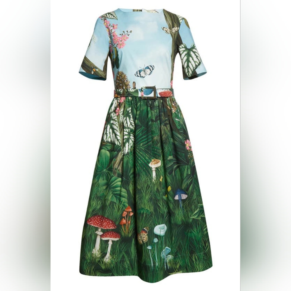 $2,490 NEW OSCAR DE LA RENTA BOTANICAL FOREST POPLIN MIDI RUNWAY DRESS L - Picture 5 of 13